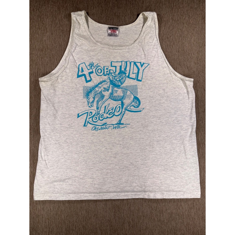 Vintage Oneita Power-T 4th of July Rodeo Chesaw WA Tank Top Heather Grey Large